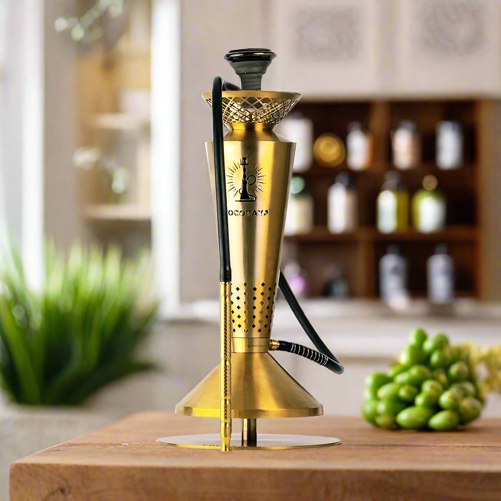 A premium golden hookah by COCOYAYA, featuring a sleek, modern conical design with a metallic finish.