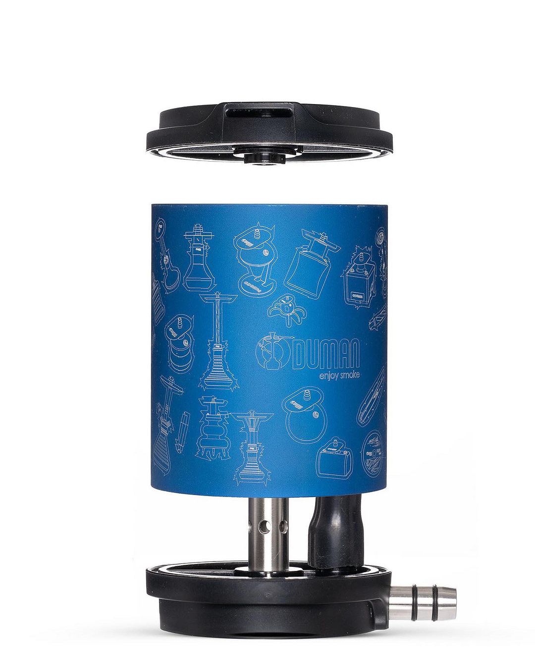 Oduman Atomic Hookah in blue color with a compact cylindrical design, black accents, and engraved illustrations.