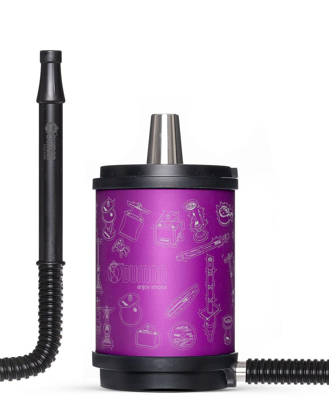 Oduman Atomic Hookah in purple color with a compact cylindrical design, black accents, and engraved illustrations.