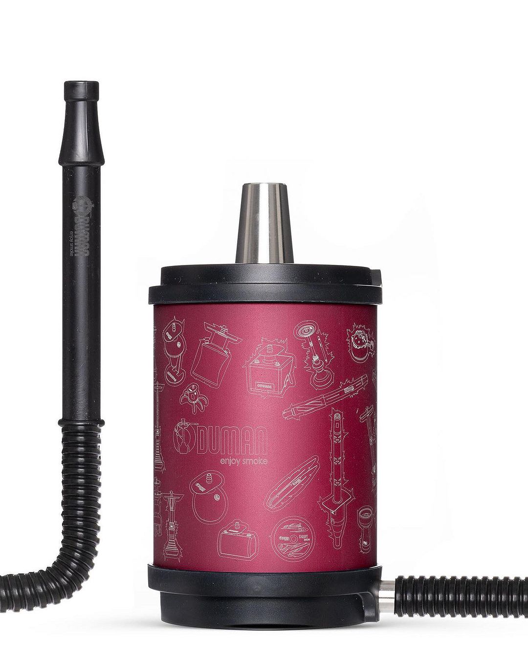 Oduman Atomic Hookah in red color with a compact cylindrical design, black accents, and engraved illustrations.