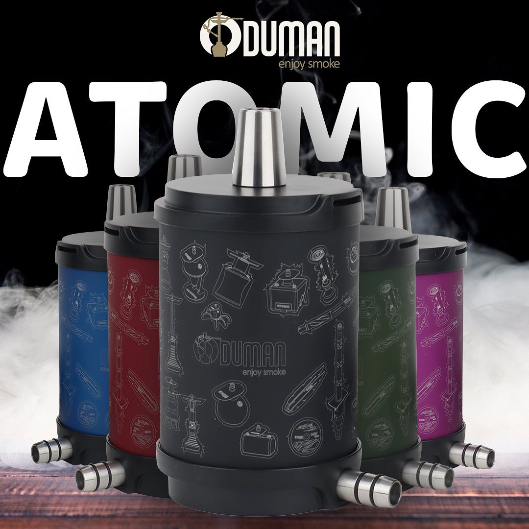 Oduman Atomic Hookah collection displayed in multiple colors, including black, red, blue, green, and purple.